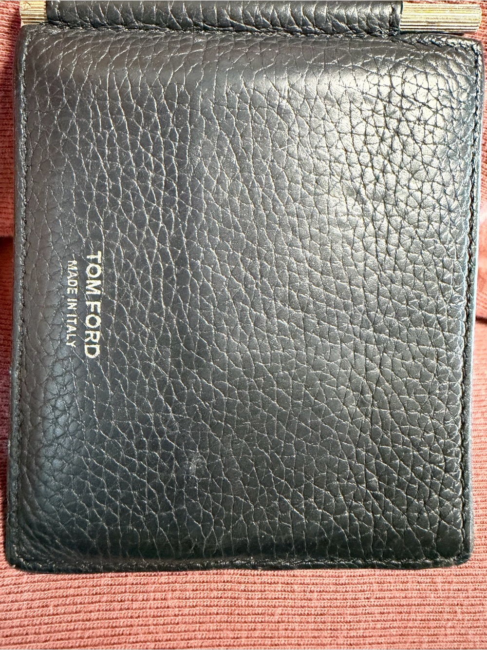 Tom Ford Black Pebbled Leather Money Clip with Gold Logo